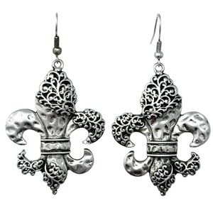 Large Fleur De Lis Scroll Swirl Silver Tone Dangle Earrings